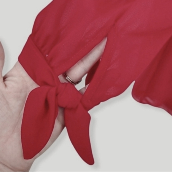 BCX Wmns Y2K Solid Red Sheer 3/4 Bowtie Sleeve Cold Shoulder Shift Dress SzM NWT - Picture 6 of 12